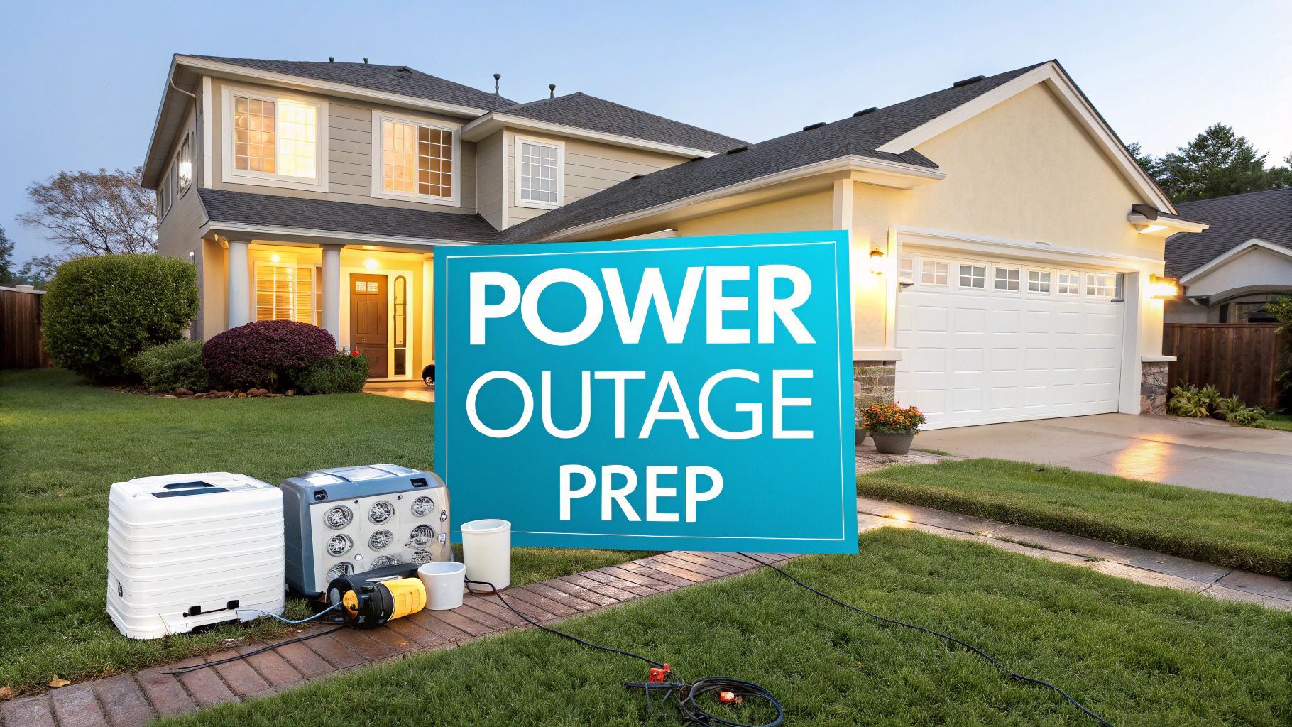 a home with a generator and supplies and a blue banner with the text 'power outage prep'