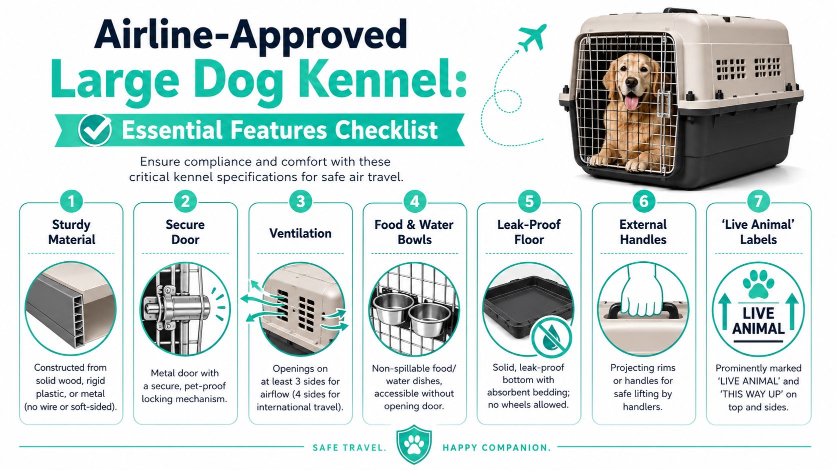 An infographic checklist showing the seven essential features required for an airline-approved large dog travel kennel.