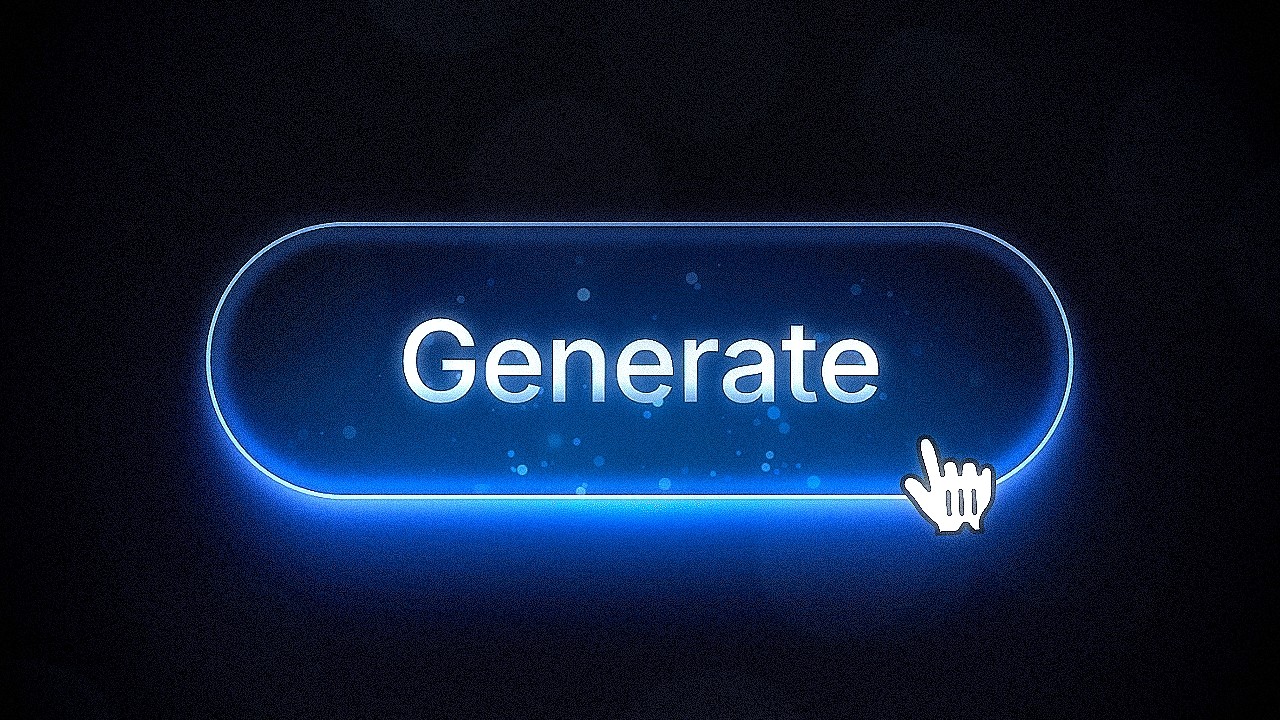 Glowing blue 'Generate' button with cursor icon, symbolizing AI-powered content creation