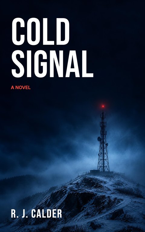 Thriller cover template: Cold Signal, a radio tower on a frozen hill at night