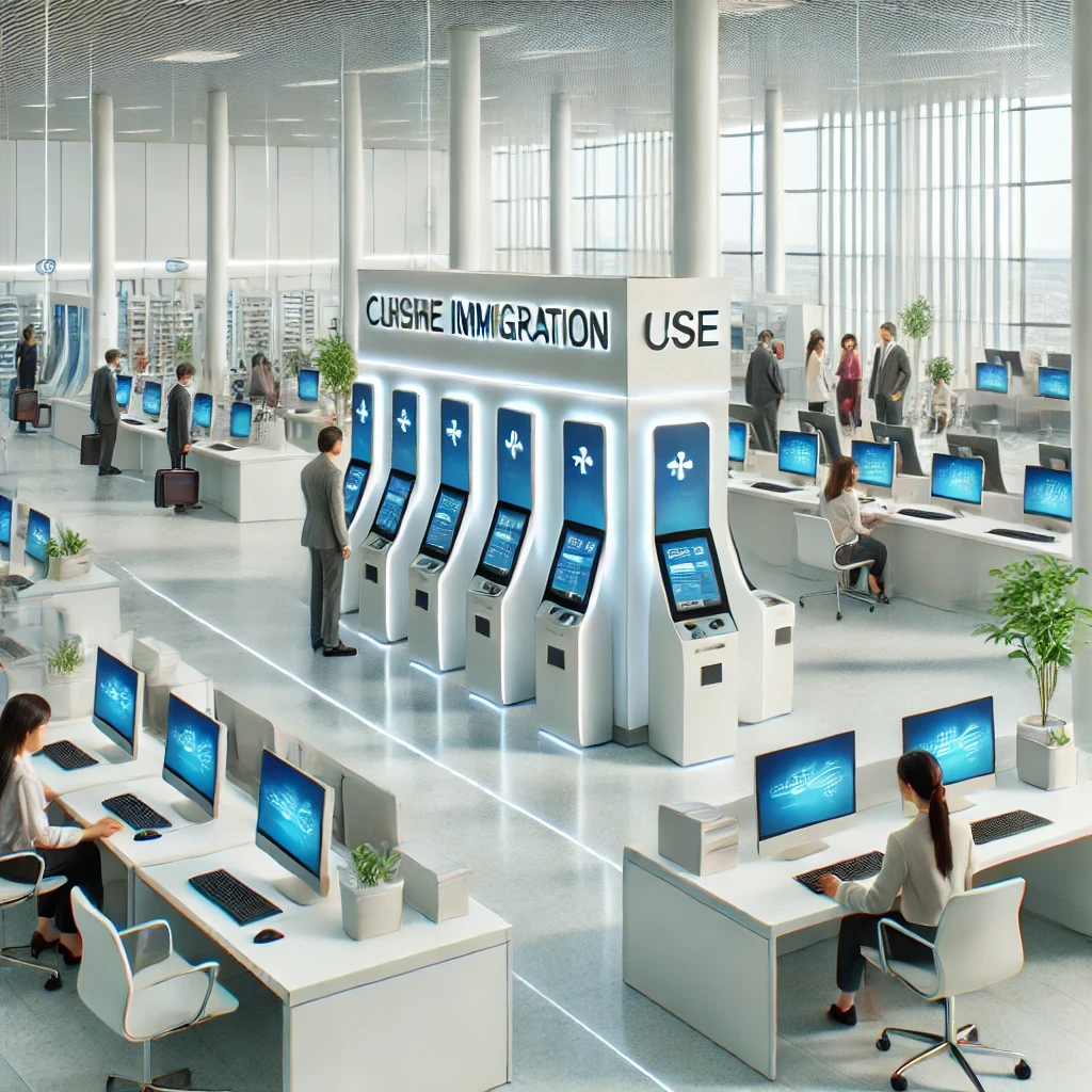 Immigration office featuring automated kiosks and computer systems designed to streamline immigration processes.
