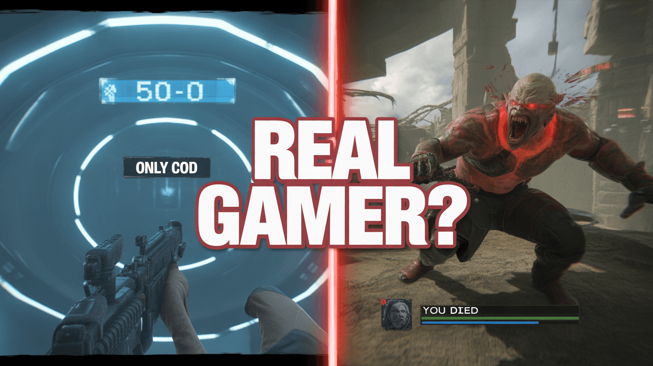 Split-screen 50-0 shooter HUD versus Elden Ring death screen with Real Gamer text