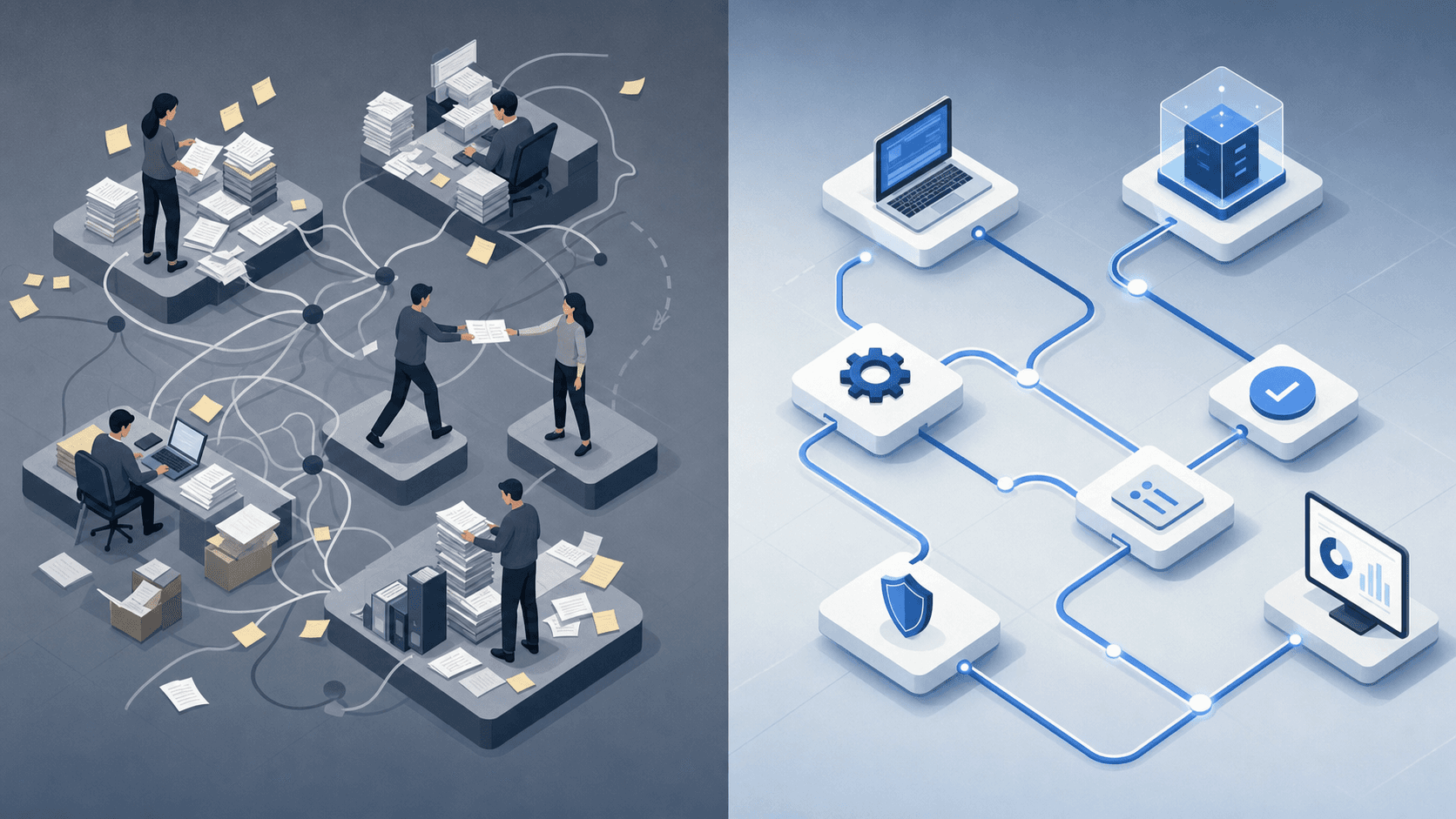 A split-screen comparison visualization showing two contrasting workflow paths. On the left side, a chaotic manual process with scattered documents, multiple people passing items between desks, sticky notes, and tangled connection lines representing delays and handoffs. On the right side, a streamlined automated process with clean geometric paths, digital nodes connecting seamlessly, and smooth flowing lines from start to finish. Use a professional blue and gray color palette with the manual side appearing more cluttered and the automated side appearing organized and efficient. Modern flat illustration style, isometric perspective, suitable for enterprise software documentation.