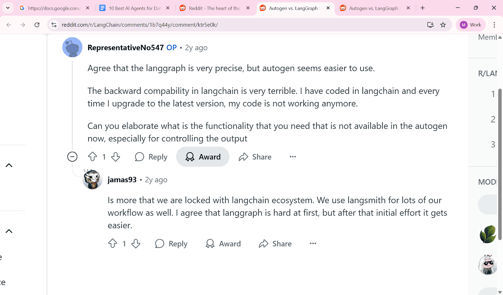 Reddit discussion about LangGraph versus Autogen, focusing on backward compatibility and control over AI agent output