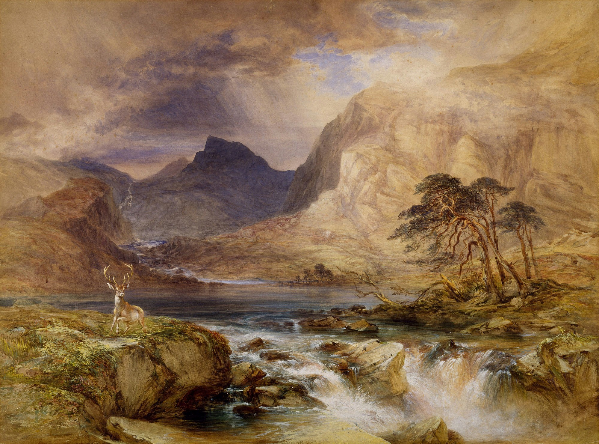 A detailed painting of mountains, a river, and a stag in a dramatic natural scene