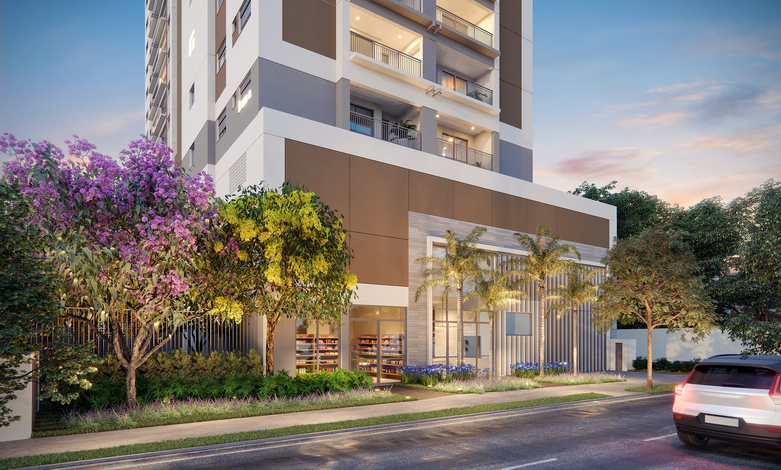 A modern two-story house with a garage and a front porch.