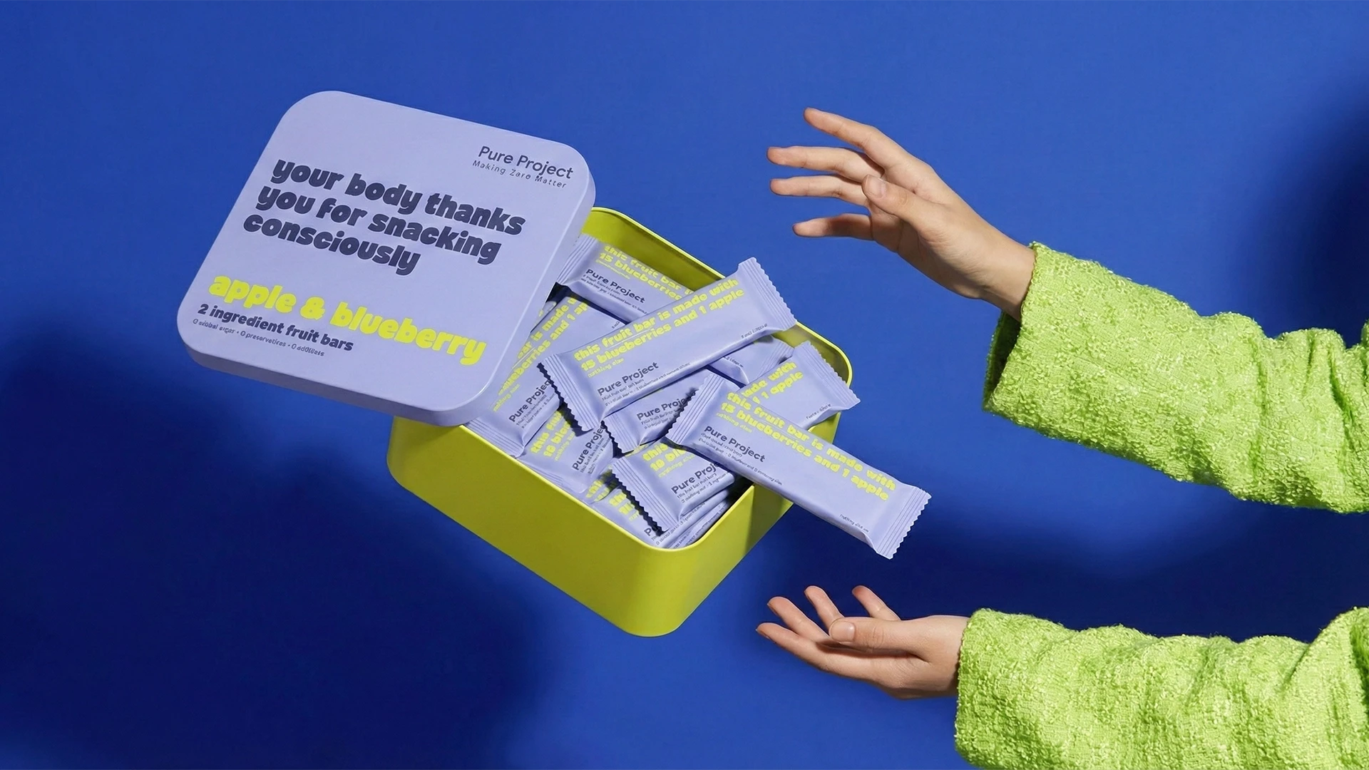 3D rendered product visualization of Pure Project fruit bars in a lifestyle scene