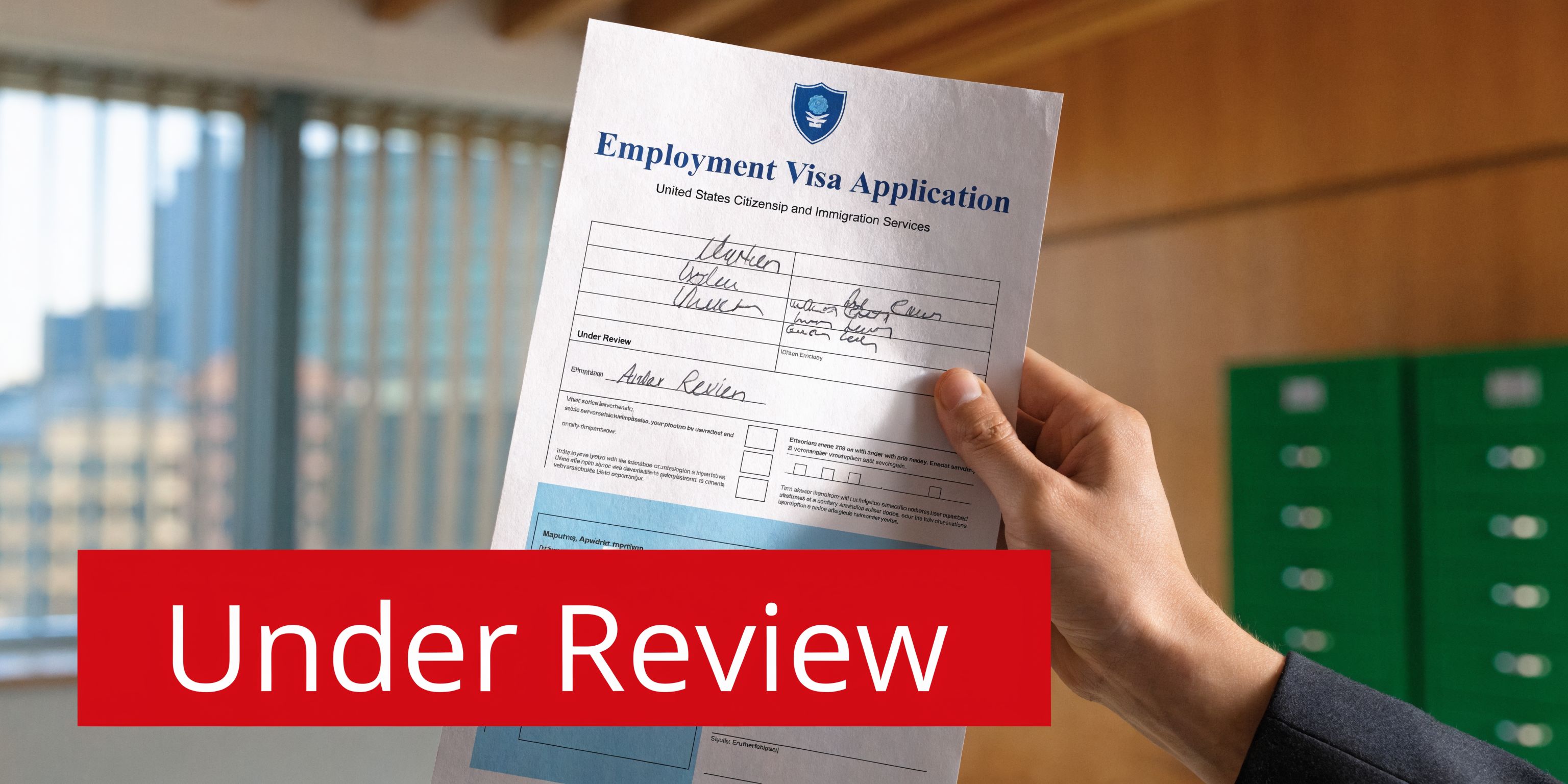 A hand holding an official Employment Visa Application form marked as under review in a professional office setting.