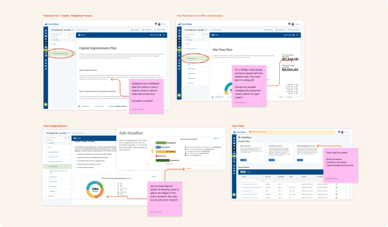 Interface designs showing revisions needed 