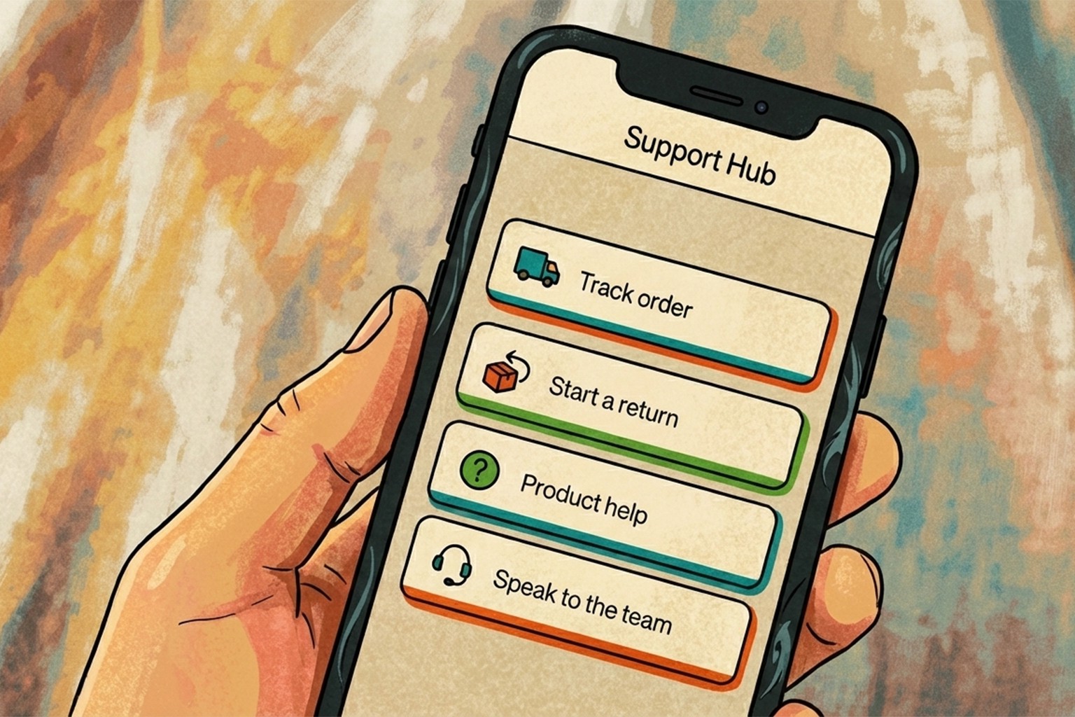 QR code support hub screen with order tracking, returns, product help, and contact options