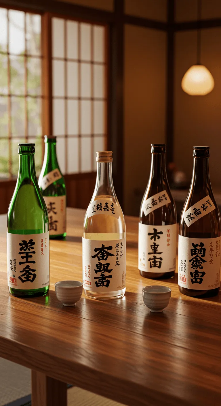 A carefully arranged still life of five different bottles of Japanese sake and three small ceramic tasting cups on a wooden table. The setting is a traditional Japanese room with shoji screens and a warm pendant light, suggesting a formal sake tasting.