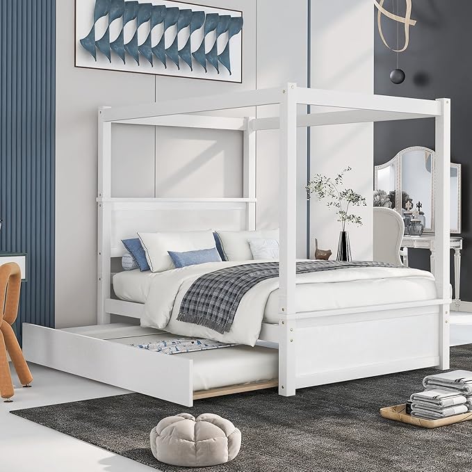 Enjoy a seamless blend of form and function with the canopy bed with trundle, tailored for you.