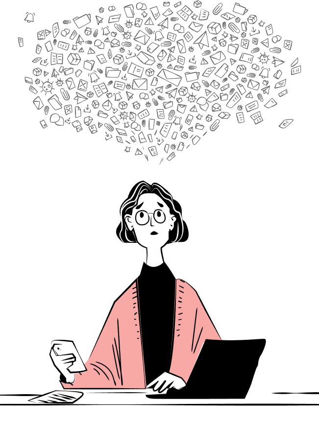An illustration of a person at a desk looking worried and overwhelmed, with a large, chaotic cloud of email and notification icons floating above their head.