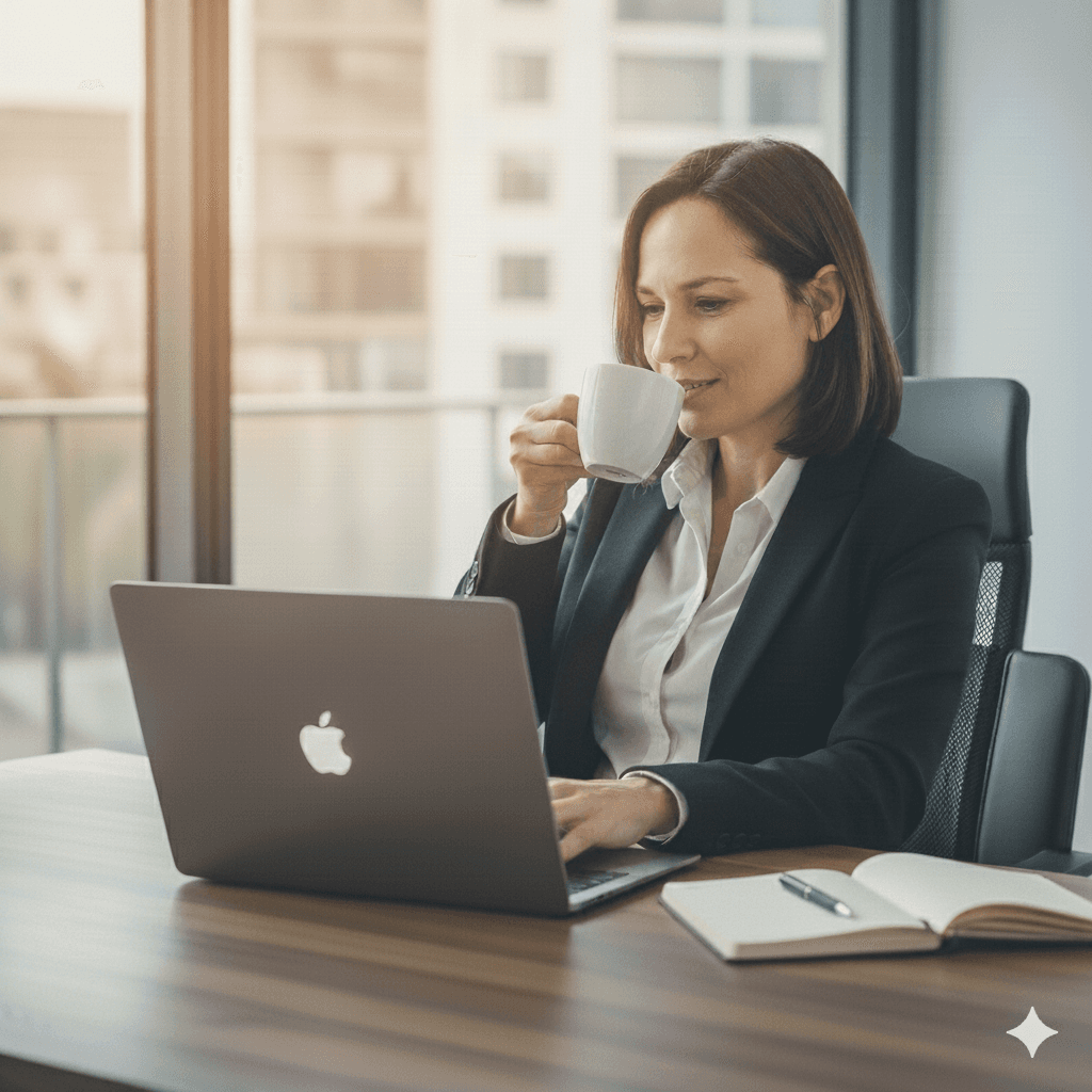 Relaxed business owner looking at laptop while drinking a cup of coffee.