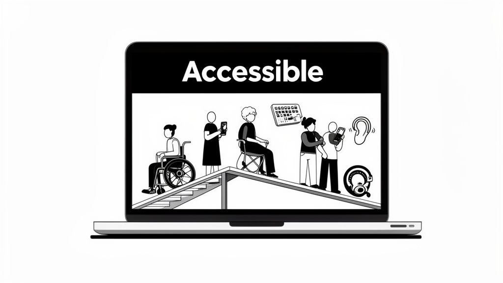 An illustration on a laptop screen showing diverse people on a ramp, representing digital accessibility.