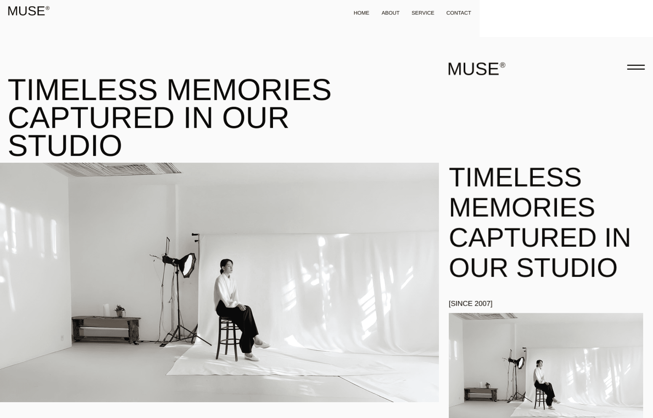 Minimal and modern website design for Muse with a woman sitting in a photo studio background