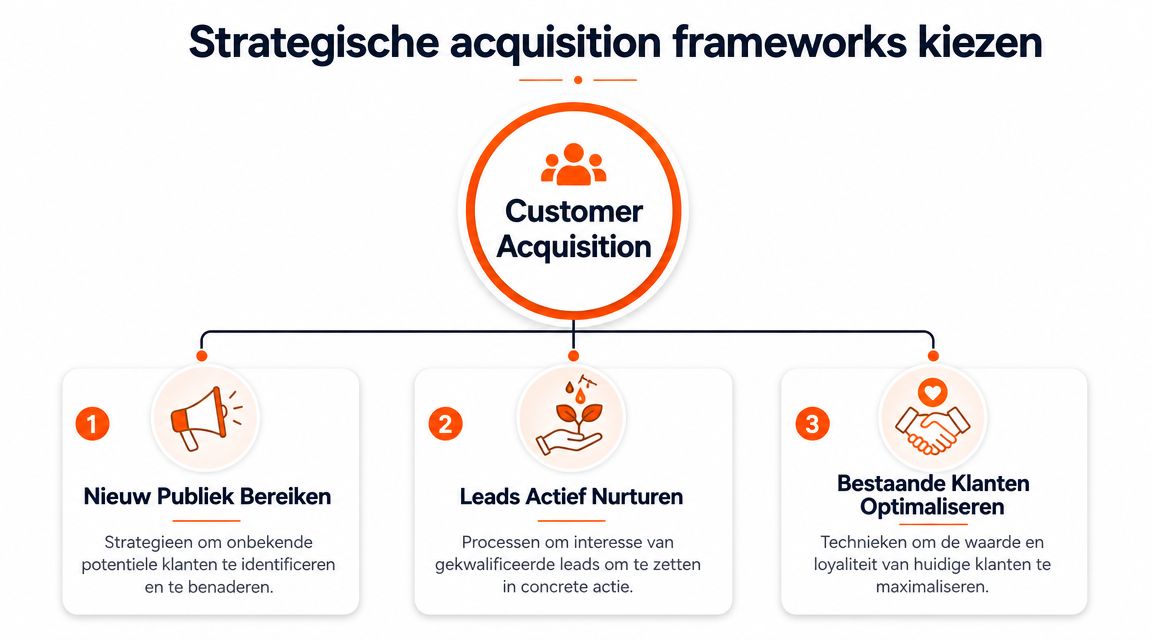 Een overzicht van strategische klantacquisitie met drie kernstappen: bereik, nurturing en optimalisatie van bestaande klanten.