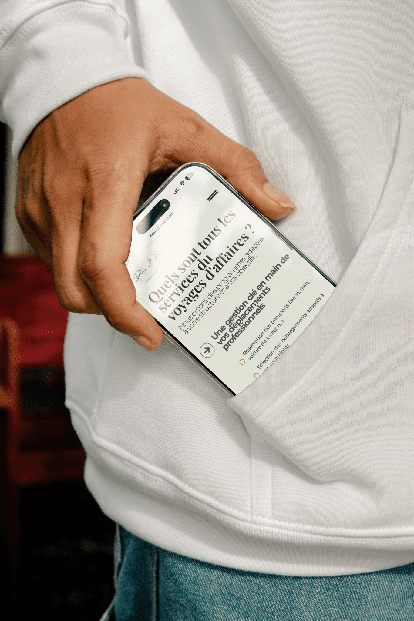 Interface mobile des avantages clients Désirs2Rêves : design d'icônes et mise en page optimisée pour la réassurance et la conversion.