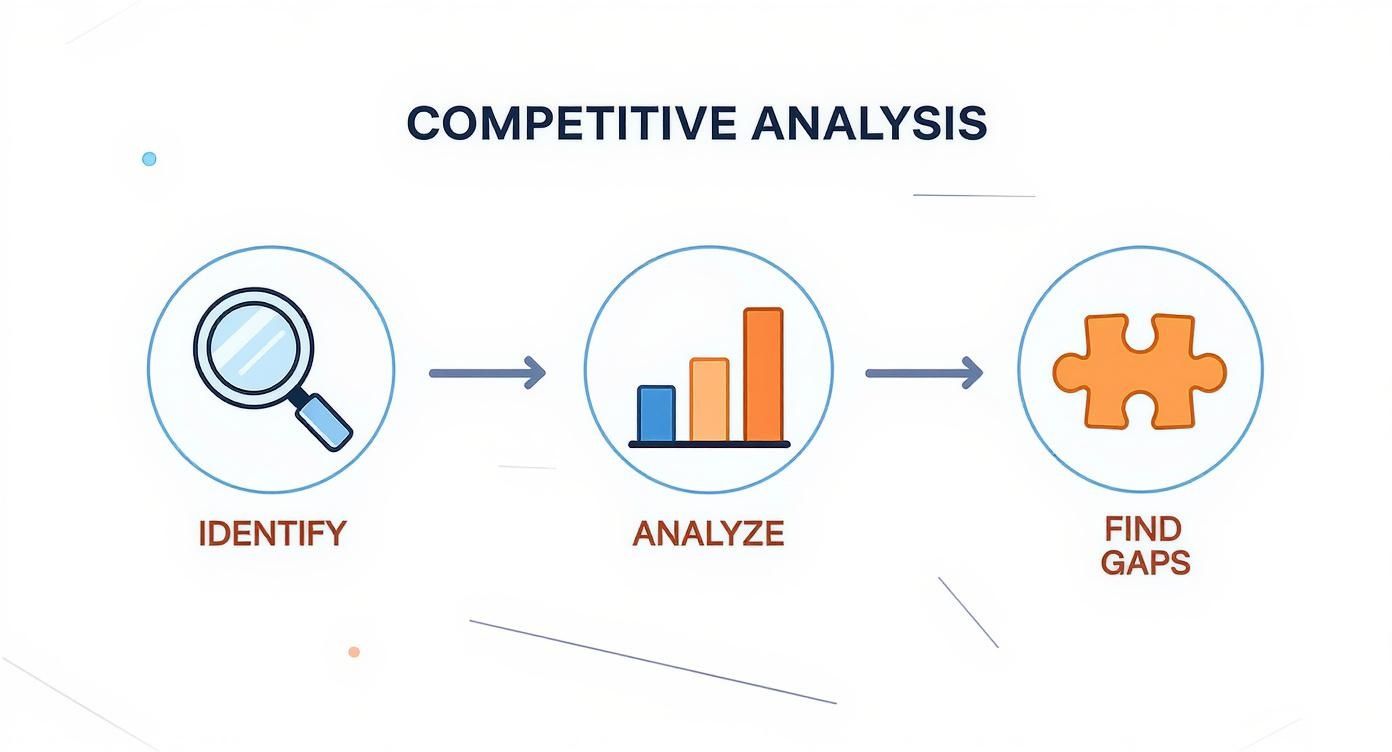 Infographic showing a three-step process for competitive analysis: Identify, Analyze, and Find Gaps, with corresponding icons.