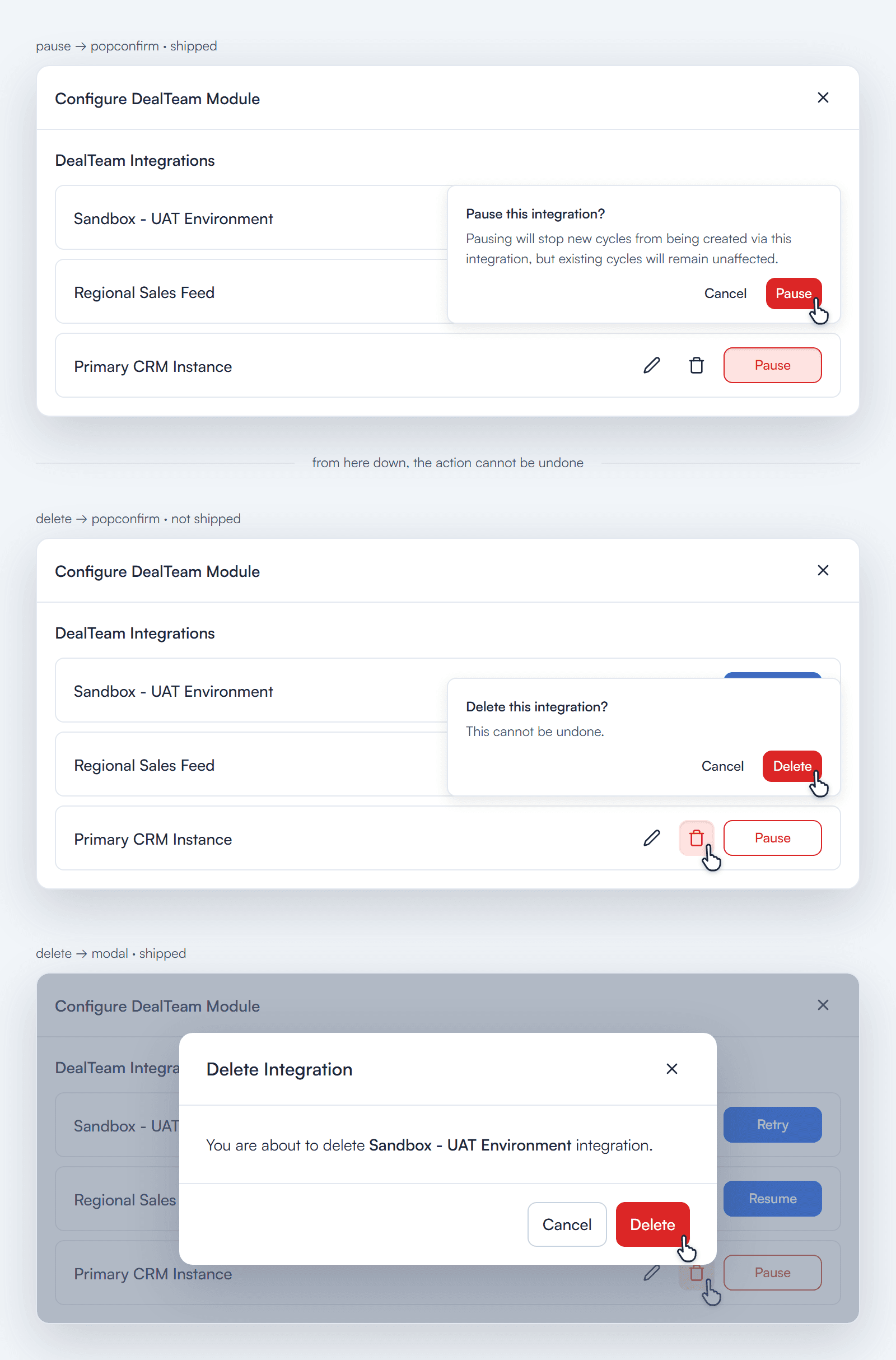 Pause popconfirm and Delete confirmation modal shown separately at a readable size.