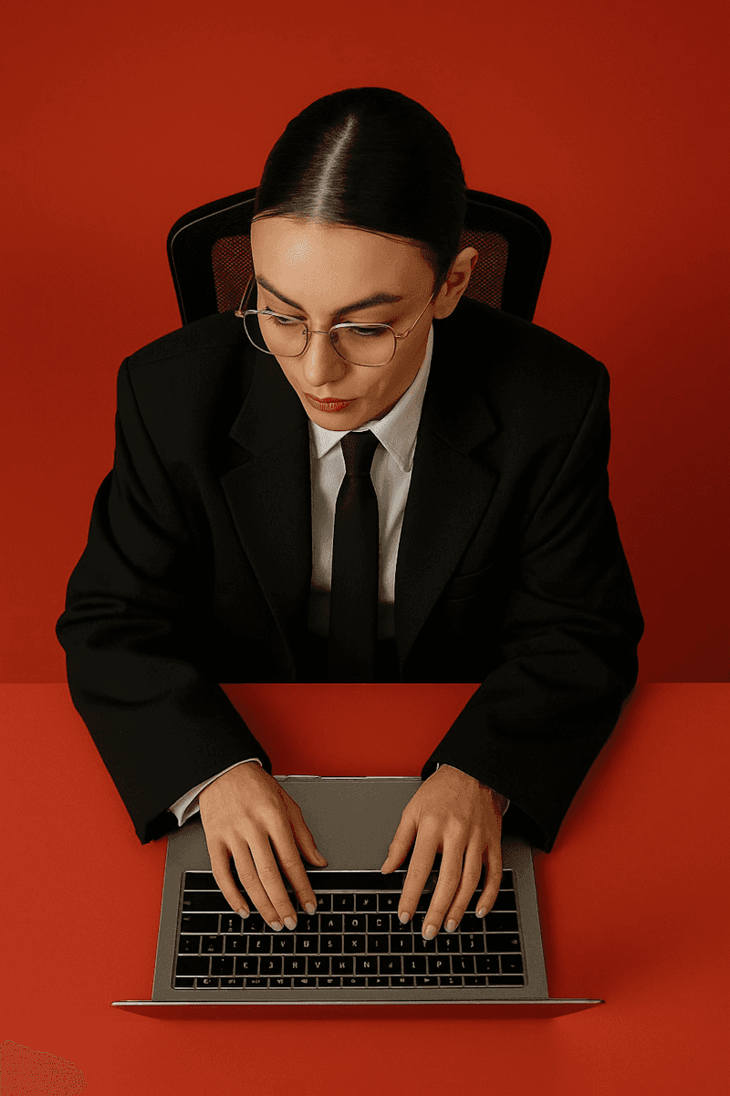 A woman in a suit and glasses types on a laptop, focused on her work in a professional setting.