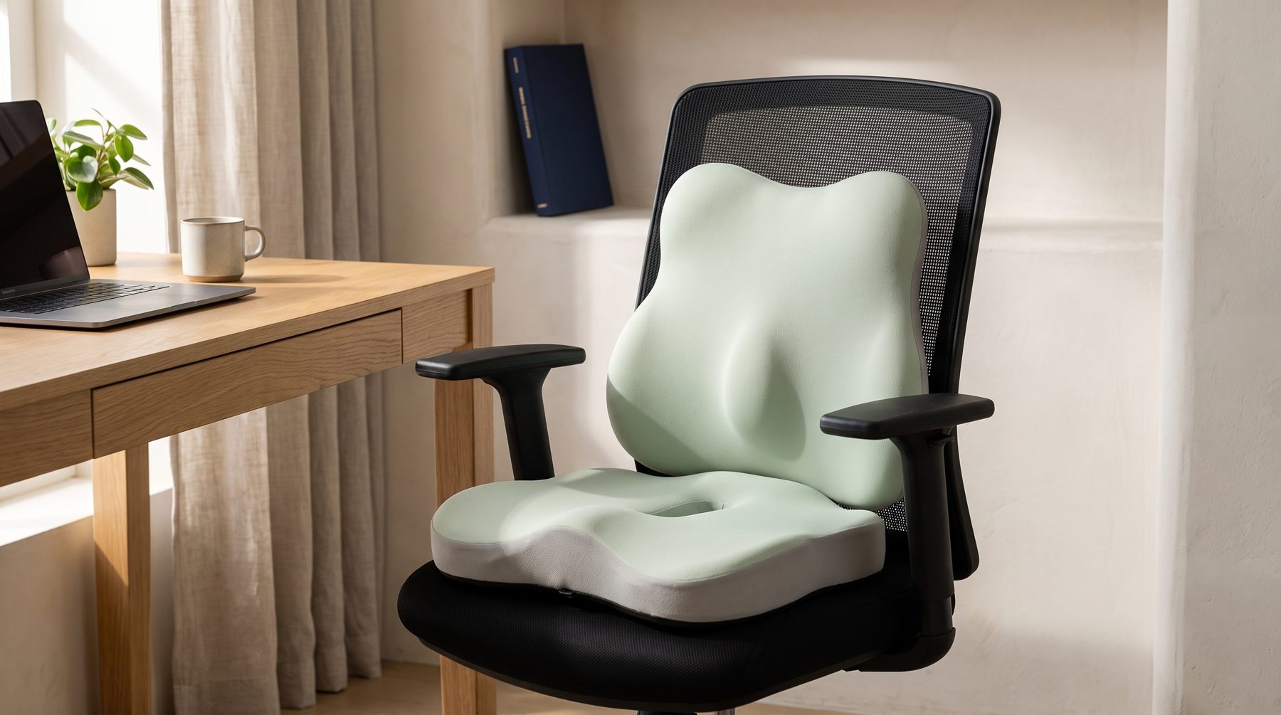 SitContour Duo: a contoured memory-foam seat cushion and a separate lumbar cushion, on an ordinary office chair.
