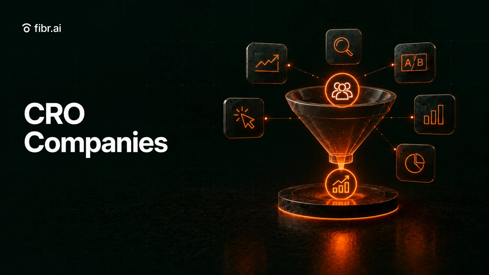 CRO Companies illustration featuring a conversion funnel with analytics, A/B testing, and optimization icons.