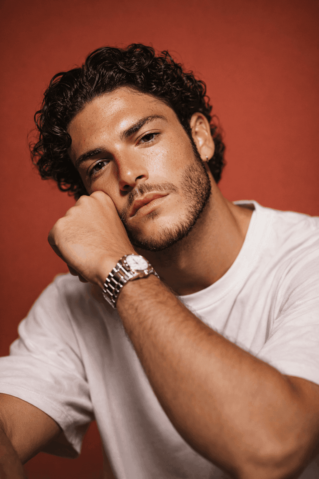 Close-up portrait of a young male model with curly hair and light stubble, resting his head on his hand, warm terracotta studio lighting