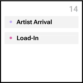 A calendar day in the venue management app displays the scheduled arrival time for the artist and the load-in details.