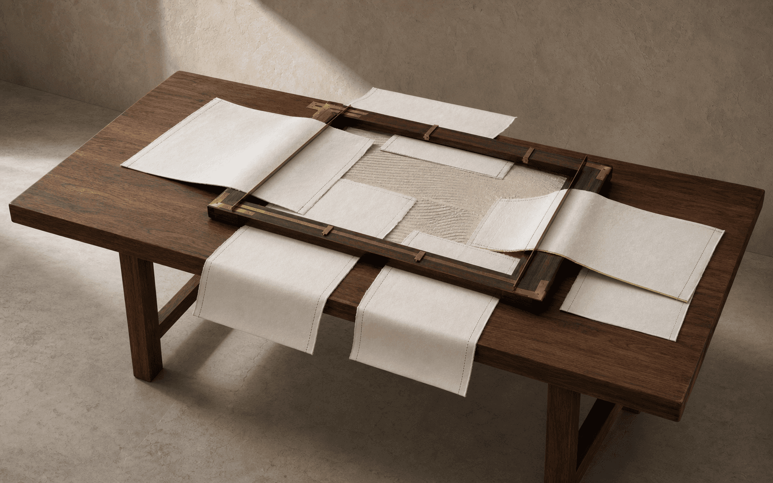 Paper evidence aligned on a shared walnut table