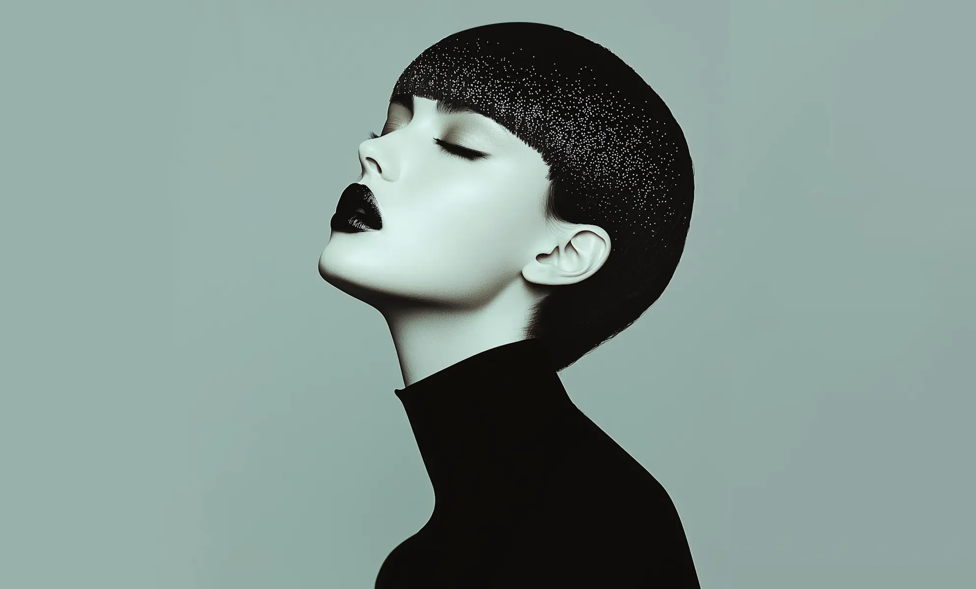  Futuristic Portrait Futuristic portrait of a woman with black lips and glittery hair against a teal background,