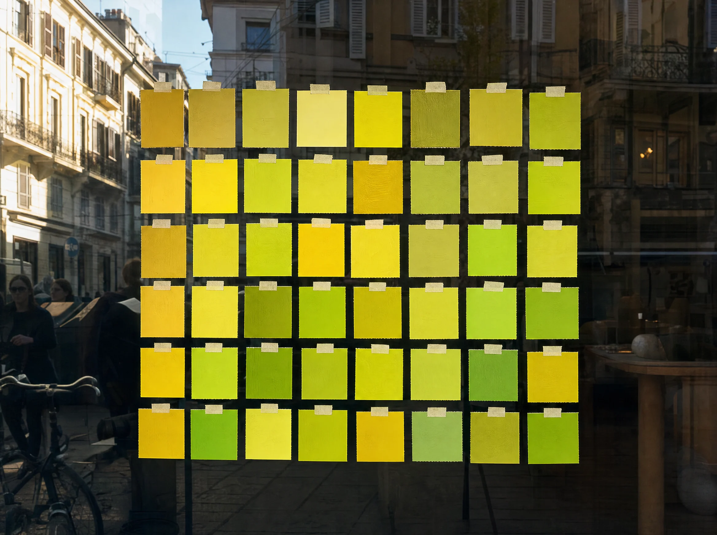 Forty yellow and lime colour chips taped in a grid on a shop window in Milan