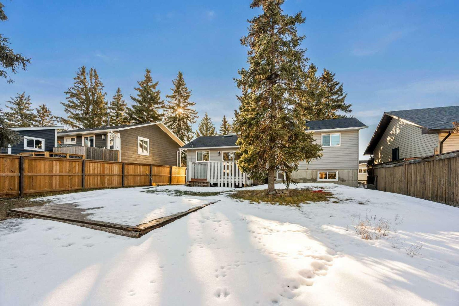 Snow-covered residential backyard featuring wooden fences, a mature evergreen tree, ground deck, and rear view of split-level homes under a clear blue sky in Castleridge, NE Calgary