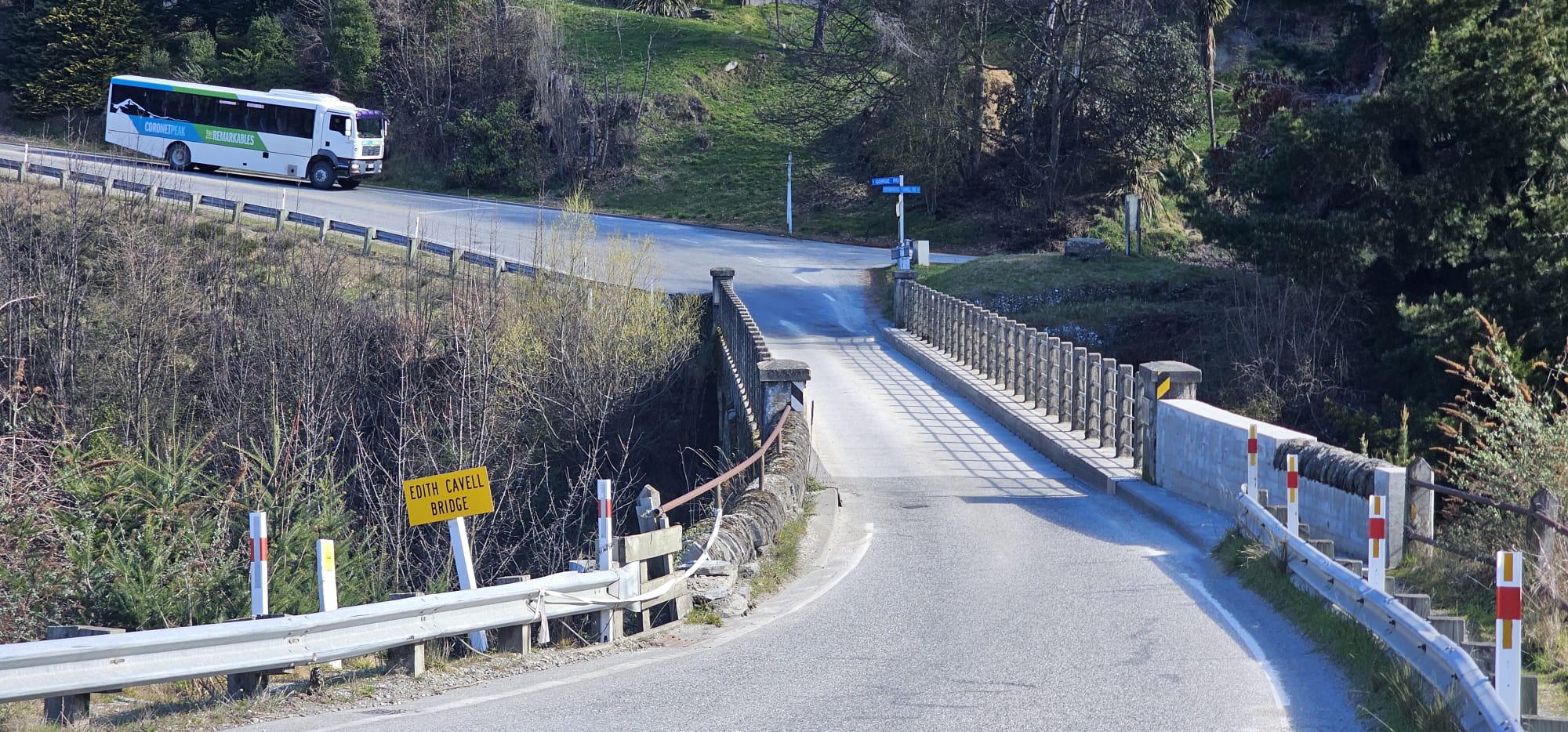 Historic concrete arch of Edith Cavell Bridge above the Shotover River.