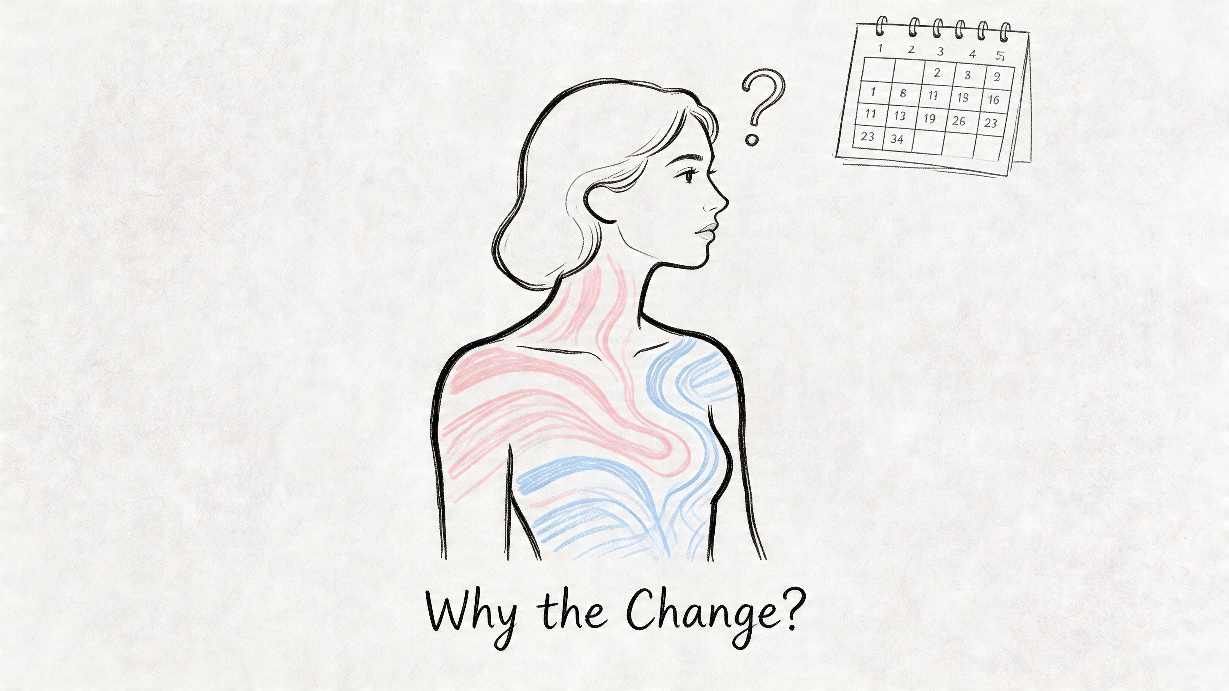 An illustration of a woman thinking about body changes with a calendar, representing perimenopause symptoms.