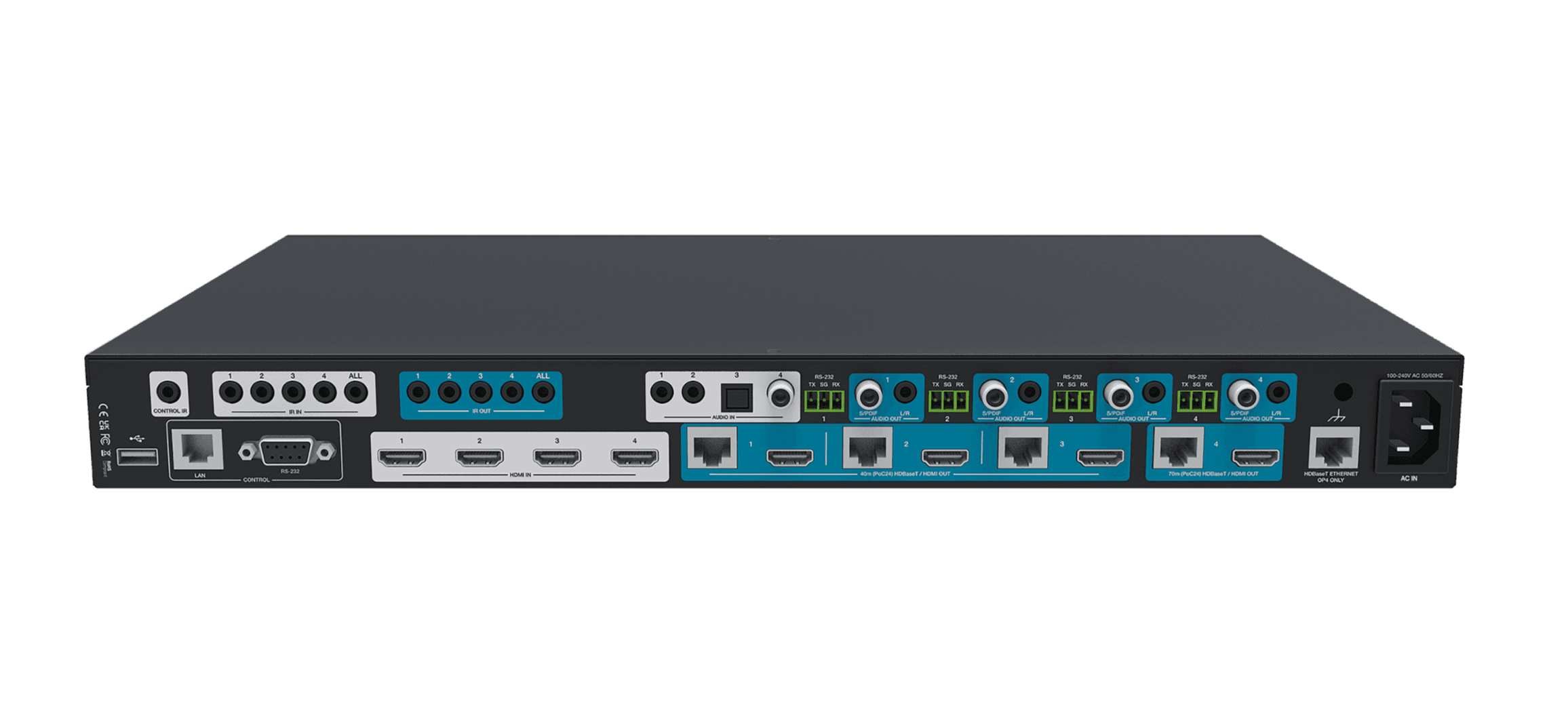 AV receiver with multiple HDMI, Ethernet, and audio ports.