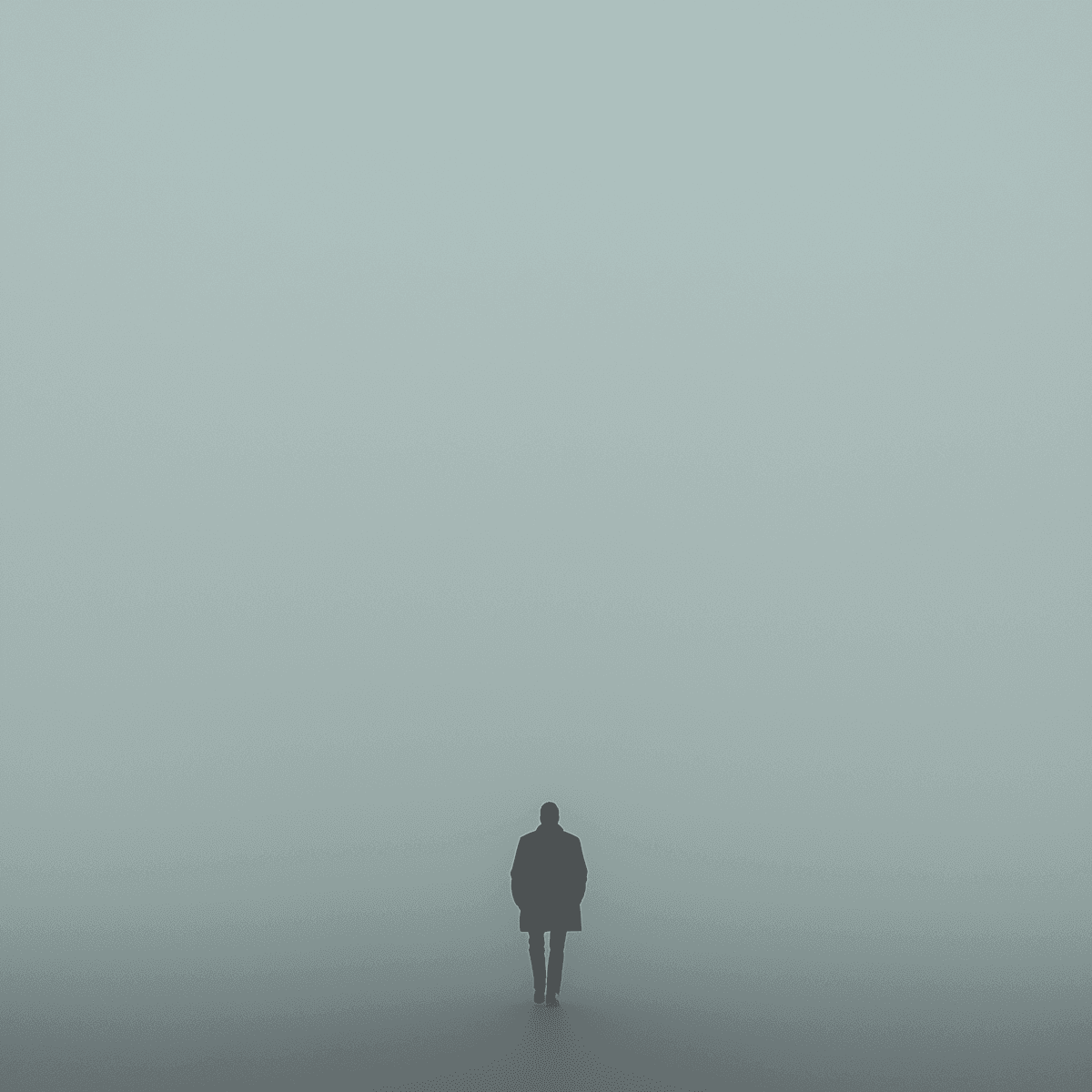 A lone figure in a foggy, minimalist landscape, creating a sense of solitude and mystery with a soft greenish-gray palette.