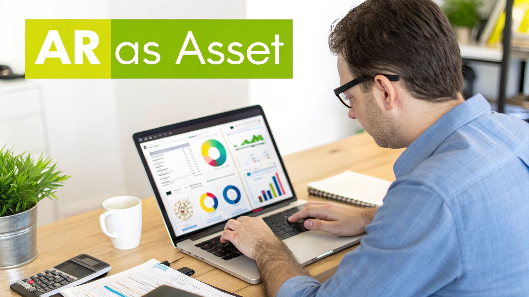 Business professional analyzing accounts receivable aging reports with colorful charts and graphs on laptop