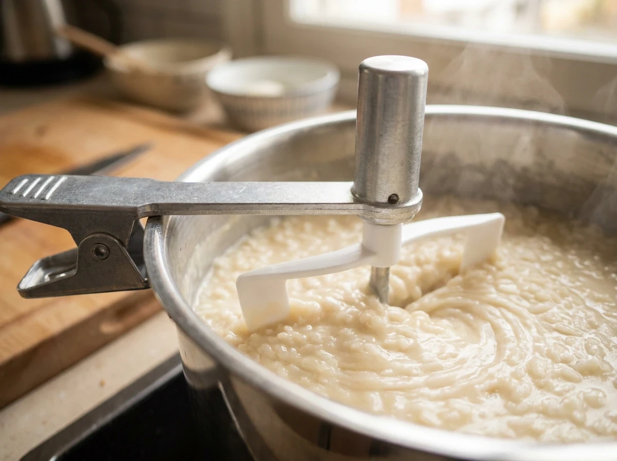 Automatic stirring arm clipped to a saucepan, continuously stirring creamy risotto on the stovetop.