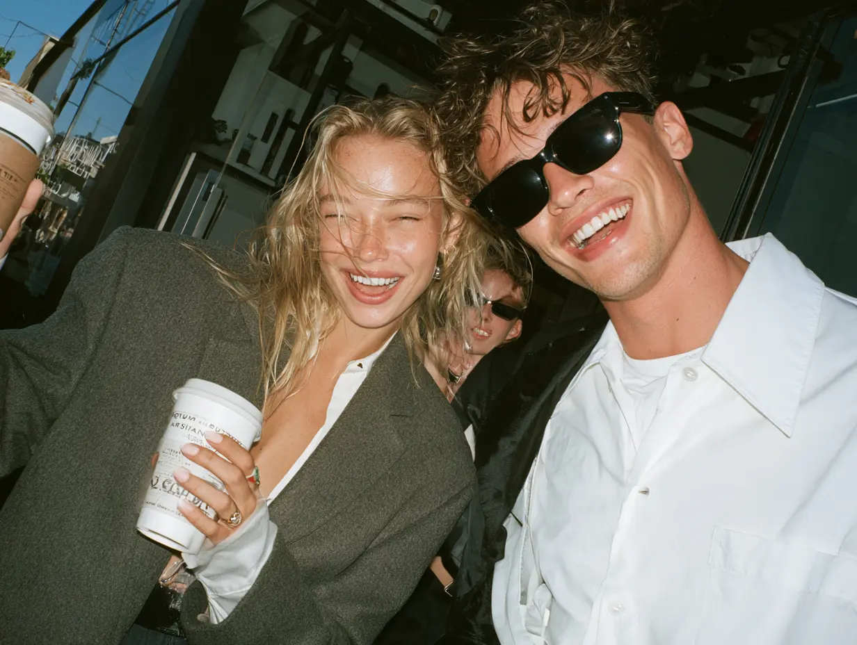 Smiling couple on a sunny street holding percent Arabica coffee cups, the woman in a grey blazer and the man in a white shirt and sunglasses, premium lifestyle fashion