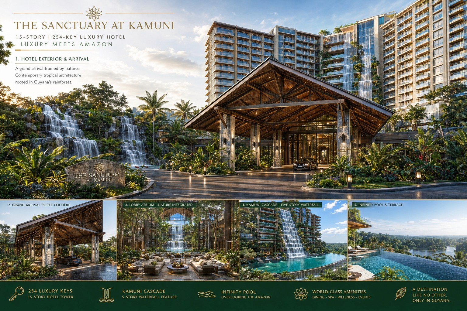 Full Sanctuary concept board showing hotel exterior and arrival