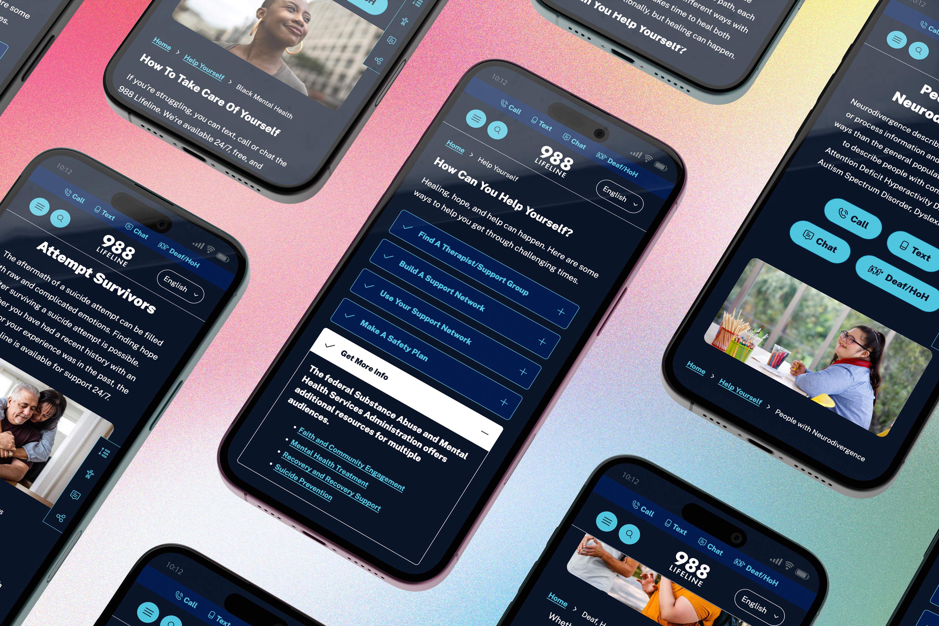 Grid of mobile page layouts featuring different pages in dark mode.