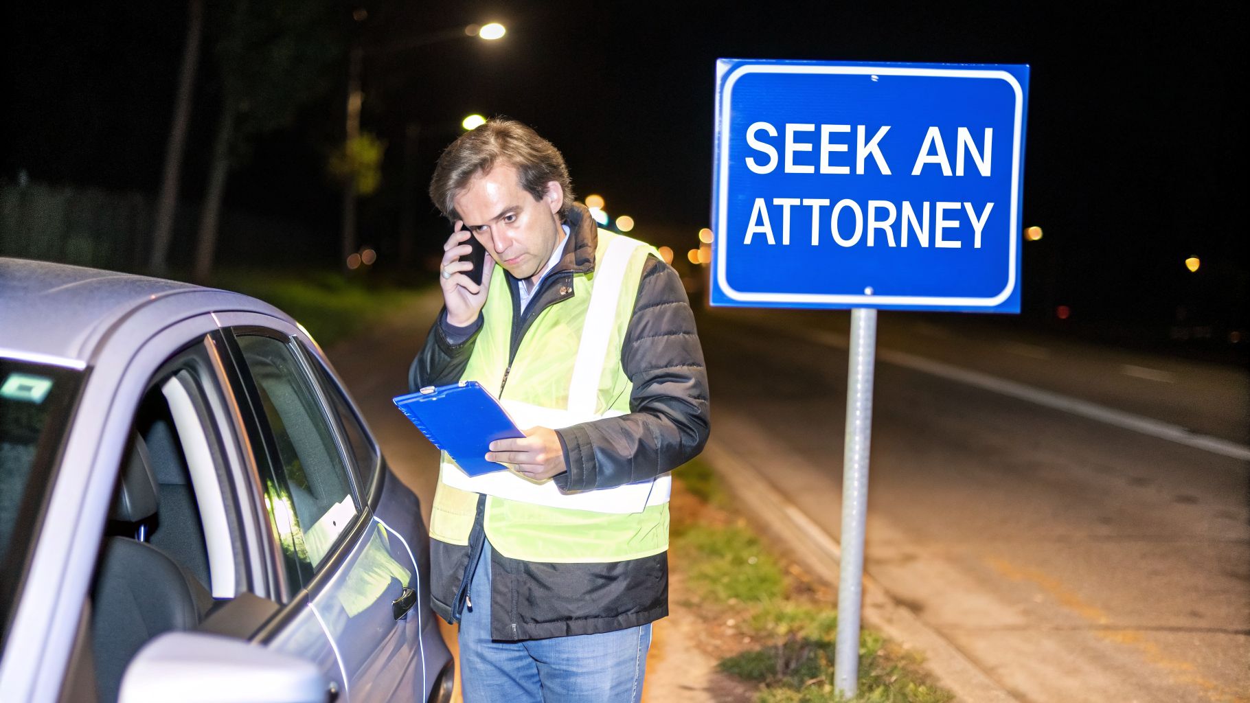 Man in reflective vest on phone by car at night, near 'Seek an Attorney' sign.