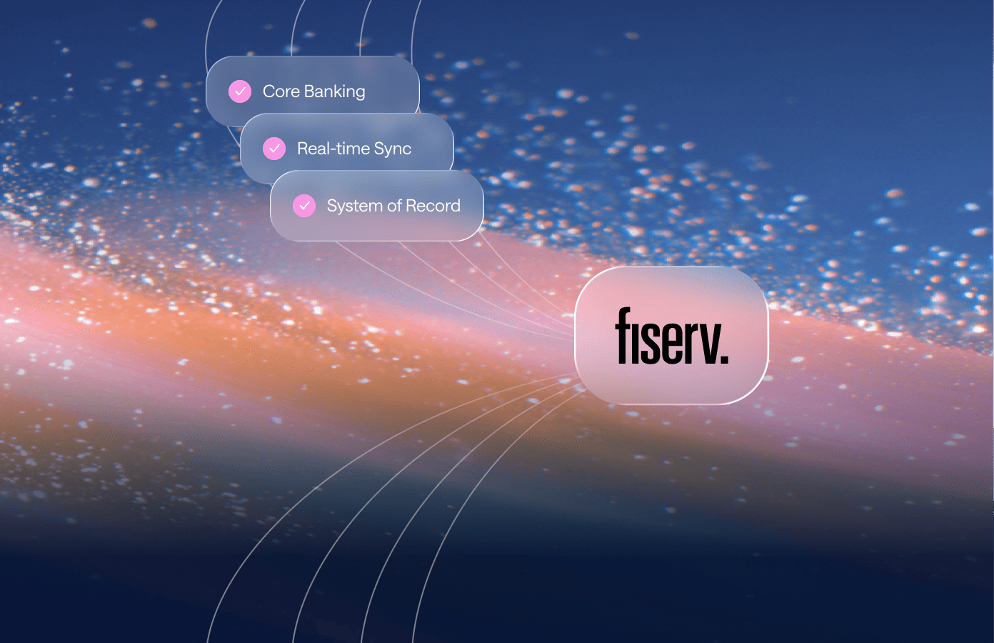 Abstract hero image showing a dynamic wave of orange and blue particles on a gradient background.