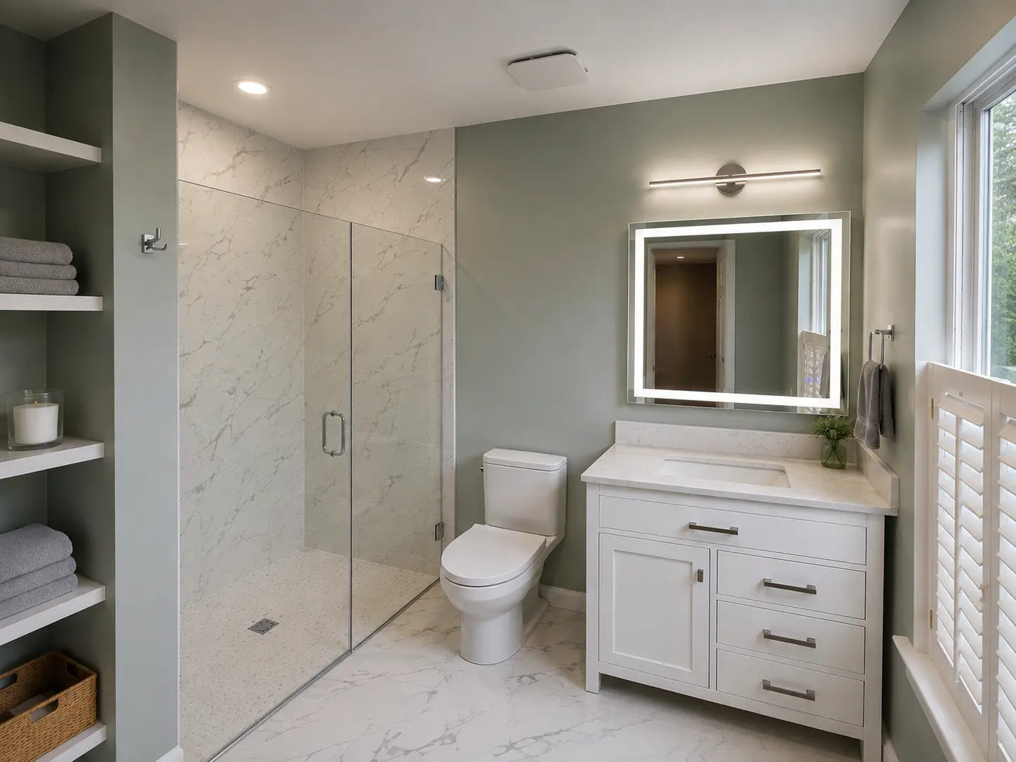Renovated bathroom featuring a glass walk-in shower, marble-look tile, white vanity, illuminated mirror, and built-in shelving.