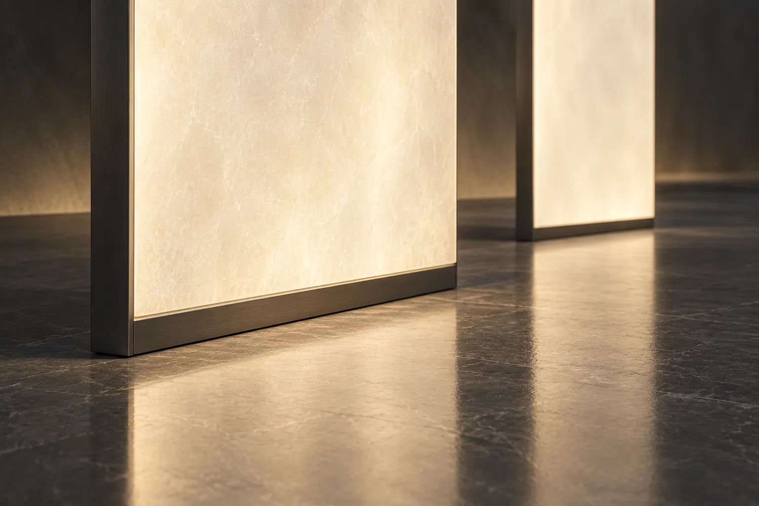Close view of a luminous panel lower edge and its reflection on dark stone, with another panel receding behind.