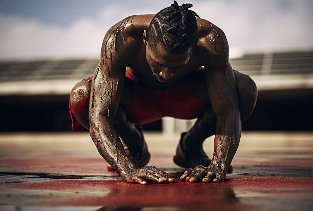 weaty muscular athlete with dreadlocks in low push-up position outdoors.