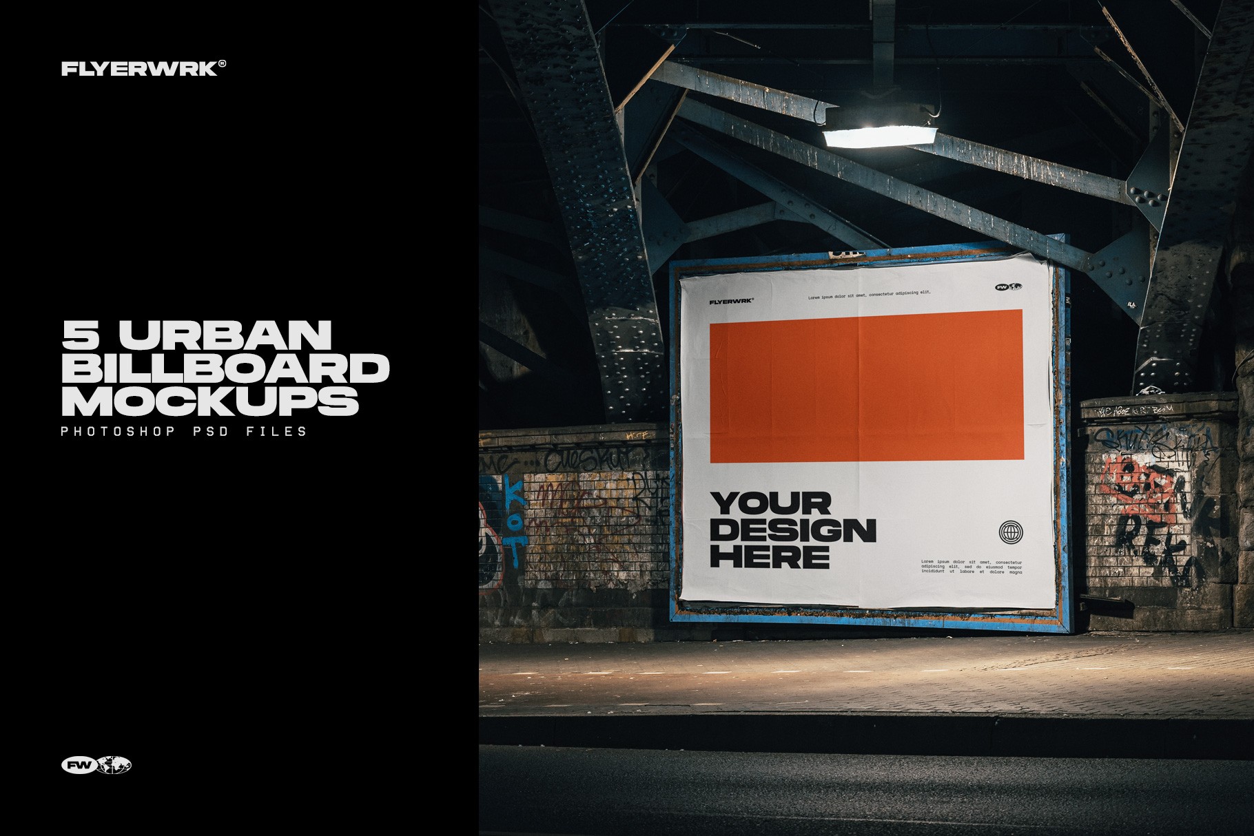 Urban billboard mockup bundle preview showing large billboard under bridge at night