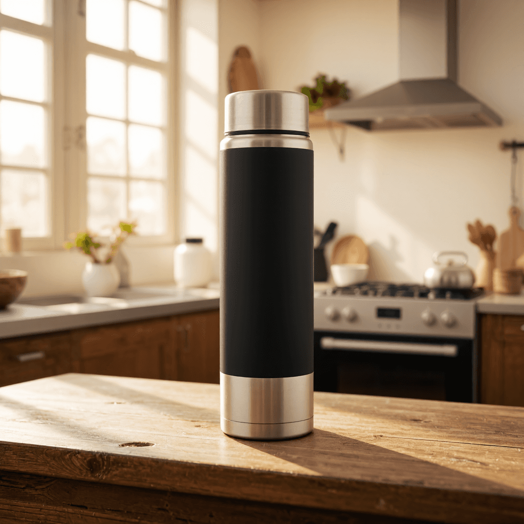 product photography of a stainless steel thermos