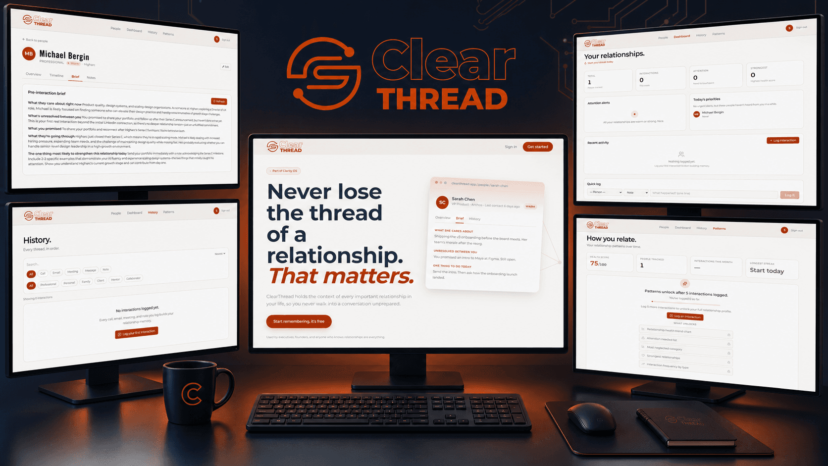 ClearThread desktop presentation showing all screens